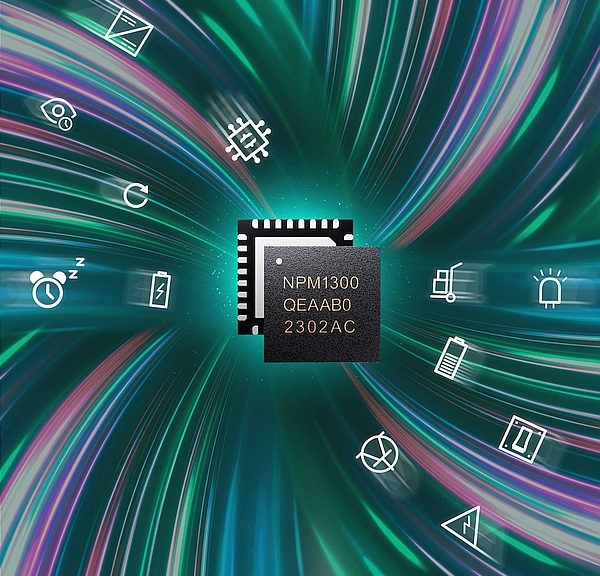 Circuit intégré nPM1300 pour la gestion de l'alimentation de Nordic Semiconductor.