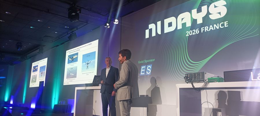 Frédéric Bouquet de NI Emerson et Jean-François Nouvel de l’ONERA au keynote de NI Days 2026.